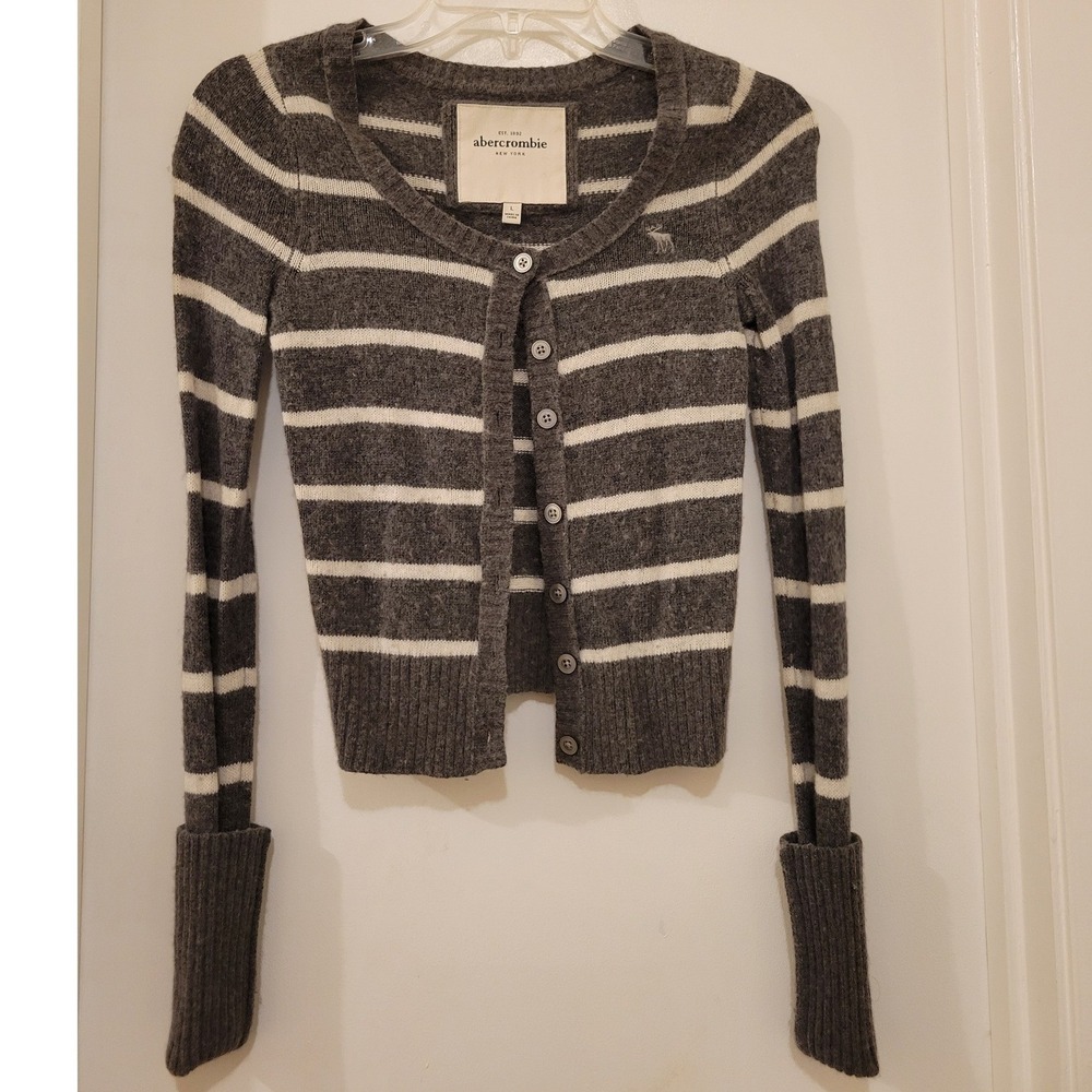 Y2K Abercrombie Fitch White Gray Striped Cardigan Bella Swan Elena Gilbert Vamp